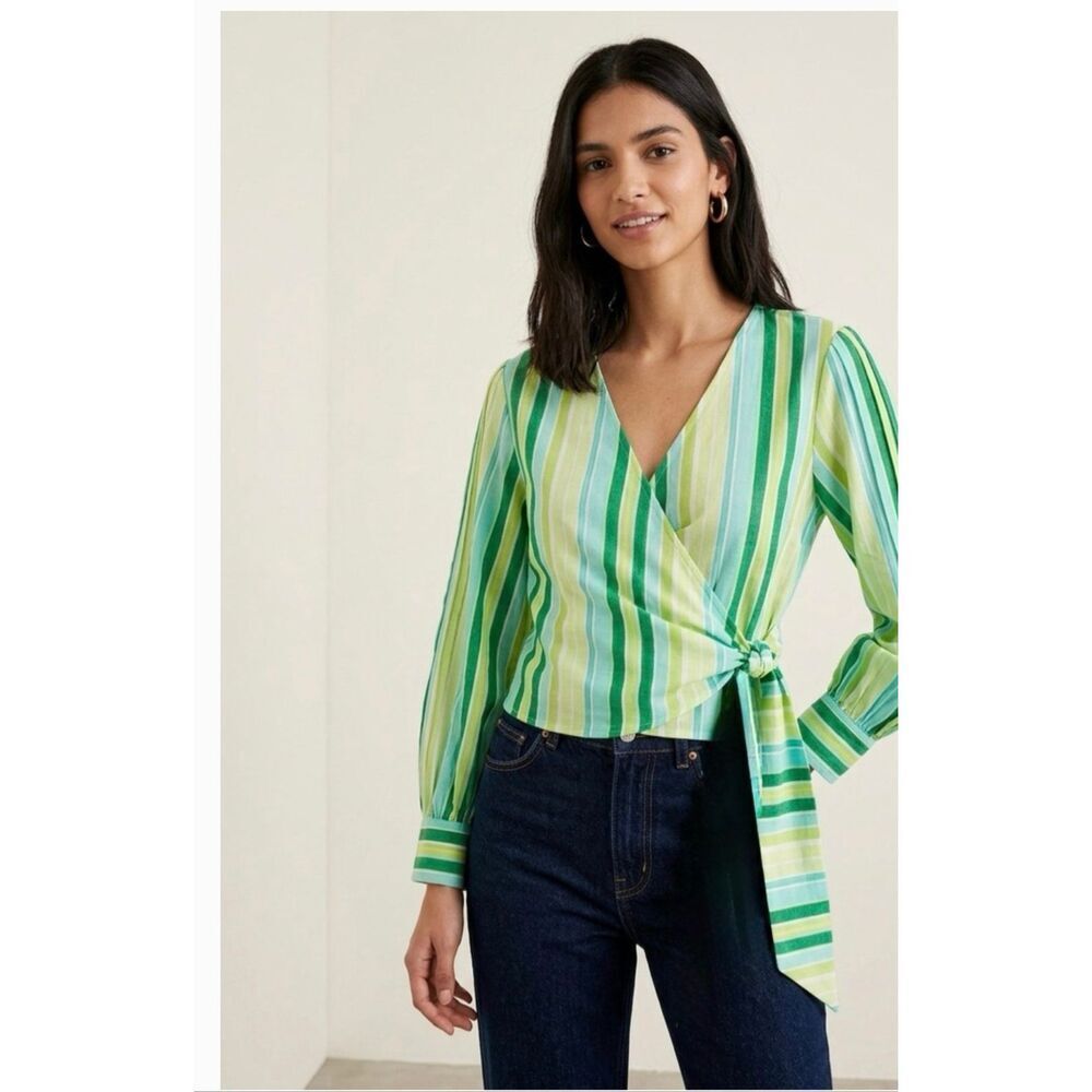 NWT Zara Stripe Print V Neck Long Sleeve Wrap Blouse Size L Green/Yellow